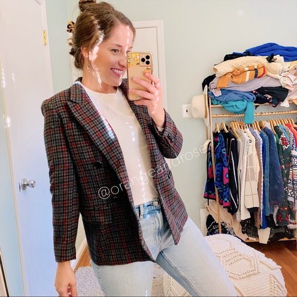 Vintage Jackets & Blazers - Vintage Pinstripes Petites Blue Red Plaid Tartan Leather Wool Blazer 2 XS